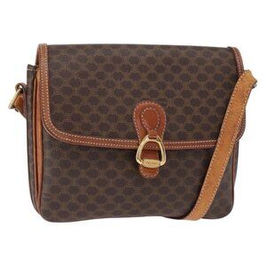 Authentic CELINE Macadam Canvas Shoulder Bag PVC Leather Brown Gold